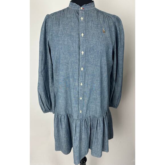 Polo Ralph Lauren Size 16 Denim Chambray Drop Waist Dress Ruffle Mock Neck - Picture 1 of 9